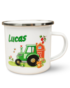 Unikatolo Emaille Tasse mit Name personalisiert Motiv Traktor Grün