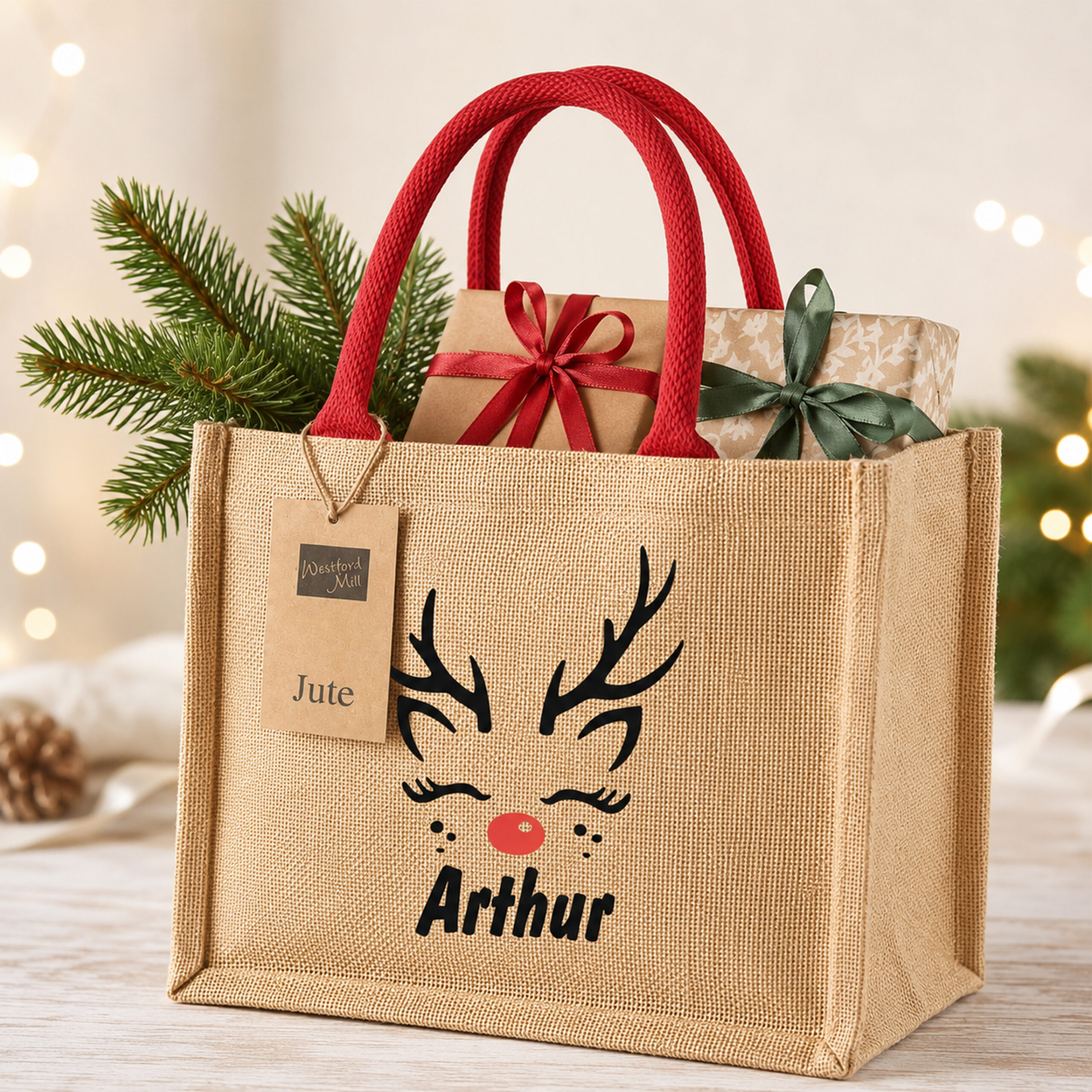 Unikatolo Jutetasche Rentier mit Name personalisiert