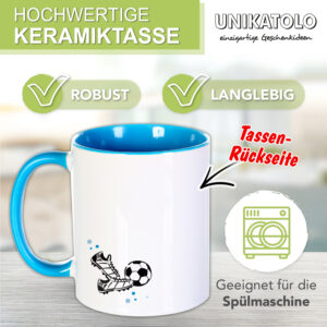 Unikatolo Tasse Schulkind Fußball mit Name bedruckt BLAU