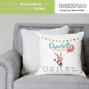 Personalisiertes Kissen mit Hase zur Geburt mit Geburtsdaten