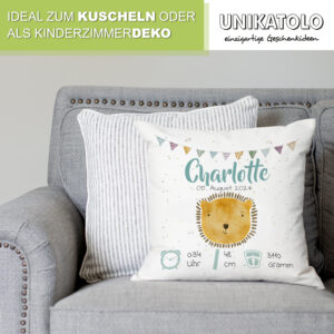 Personalisiertes Kissen mit Löwe zur Geburt mit Geburtsdaten