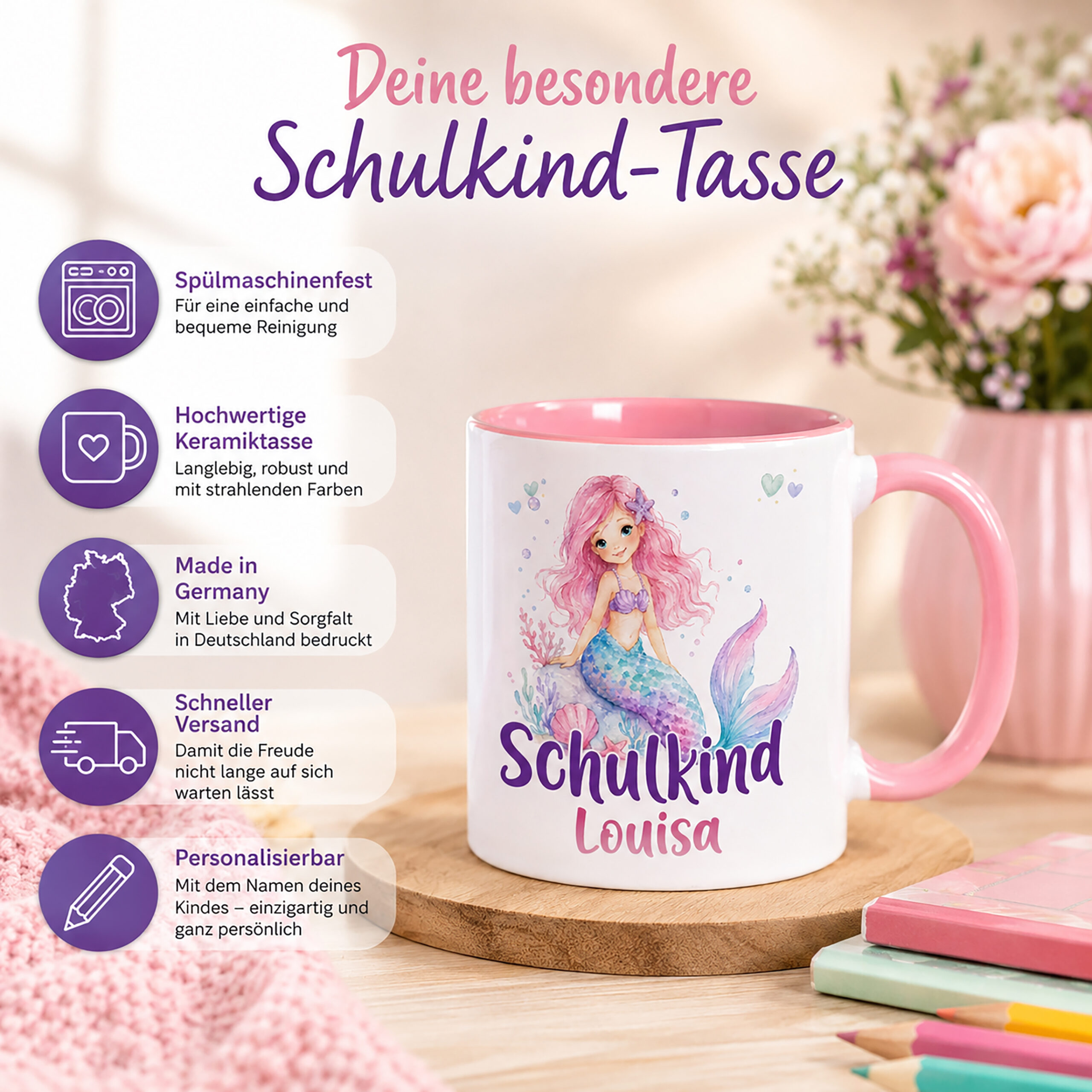 Unikatolo Tasse Schulkind Meerjungfrau mit Name personalisiert