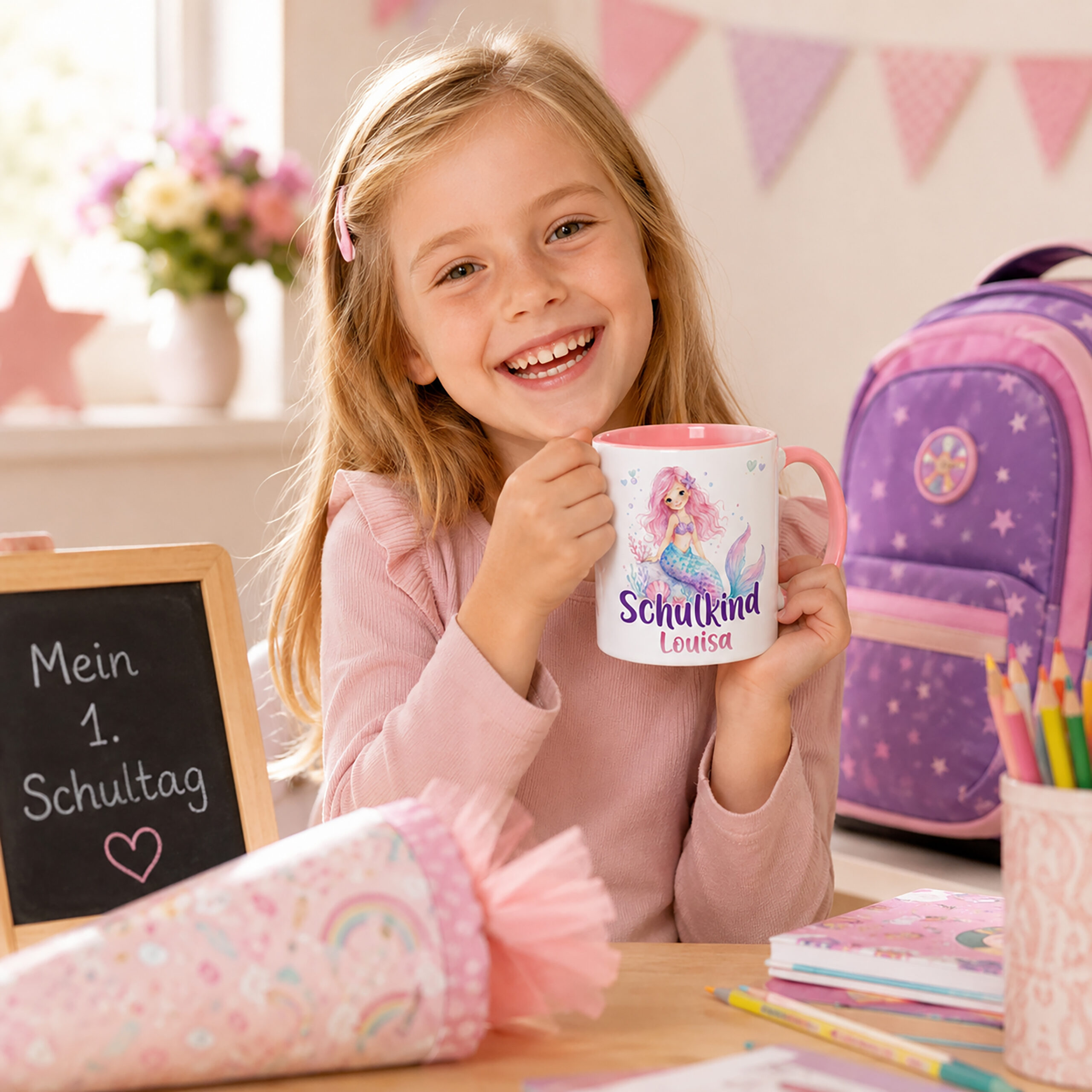 Unikatolo Tasse Schulkind Meerjungfrau mit Name personalisiert