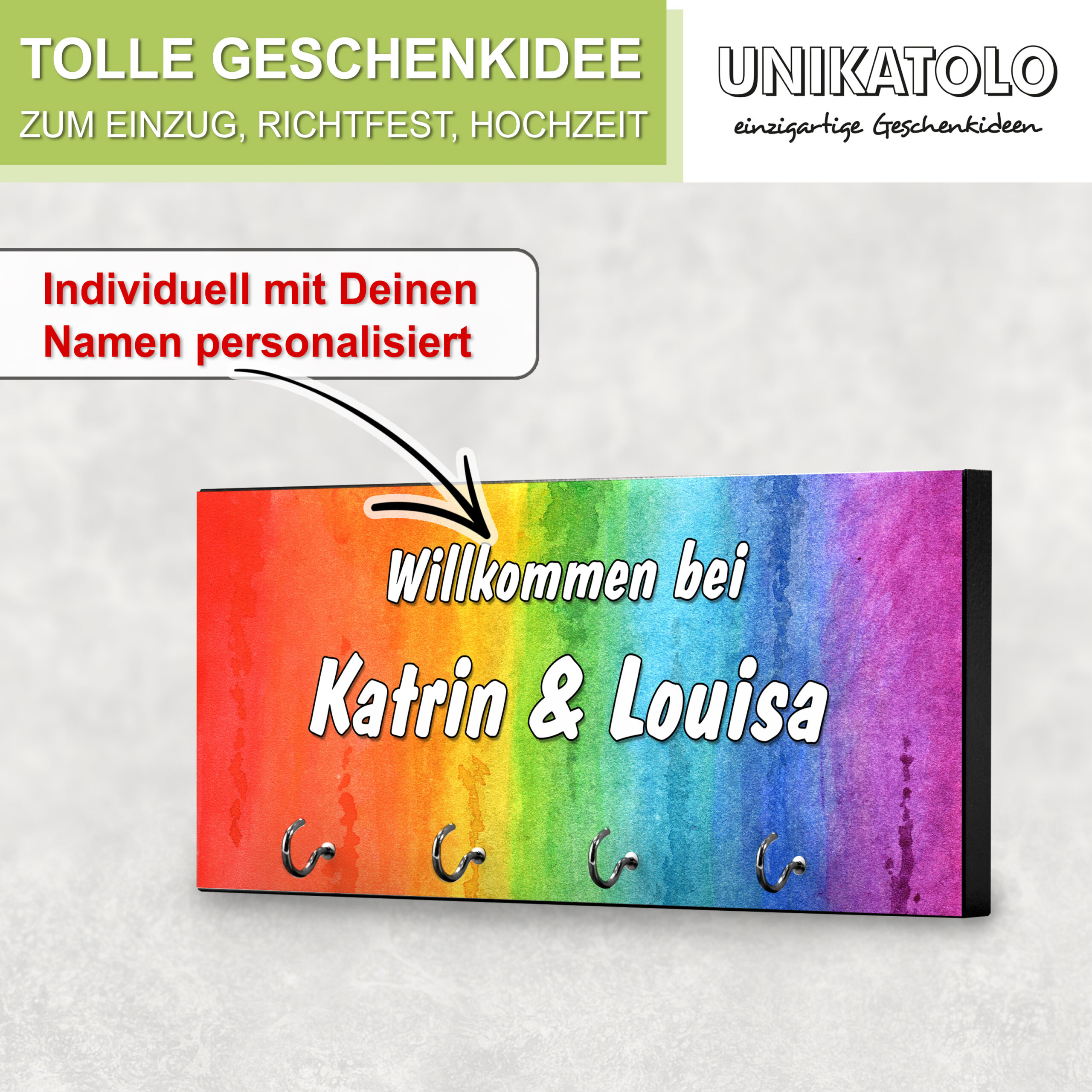 Unikatolo Schlüsselbrett Regenbogen mit Name personalisiert