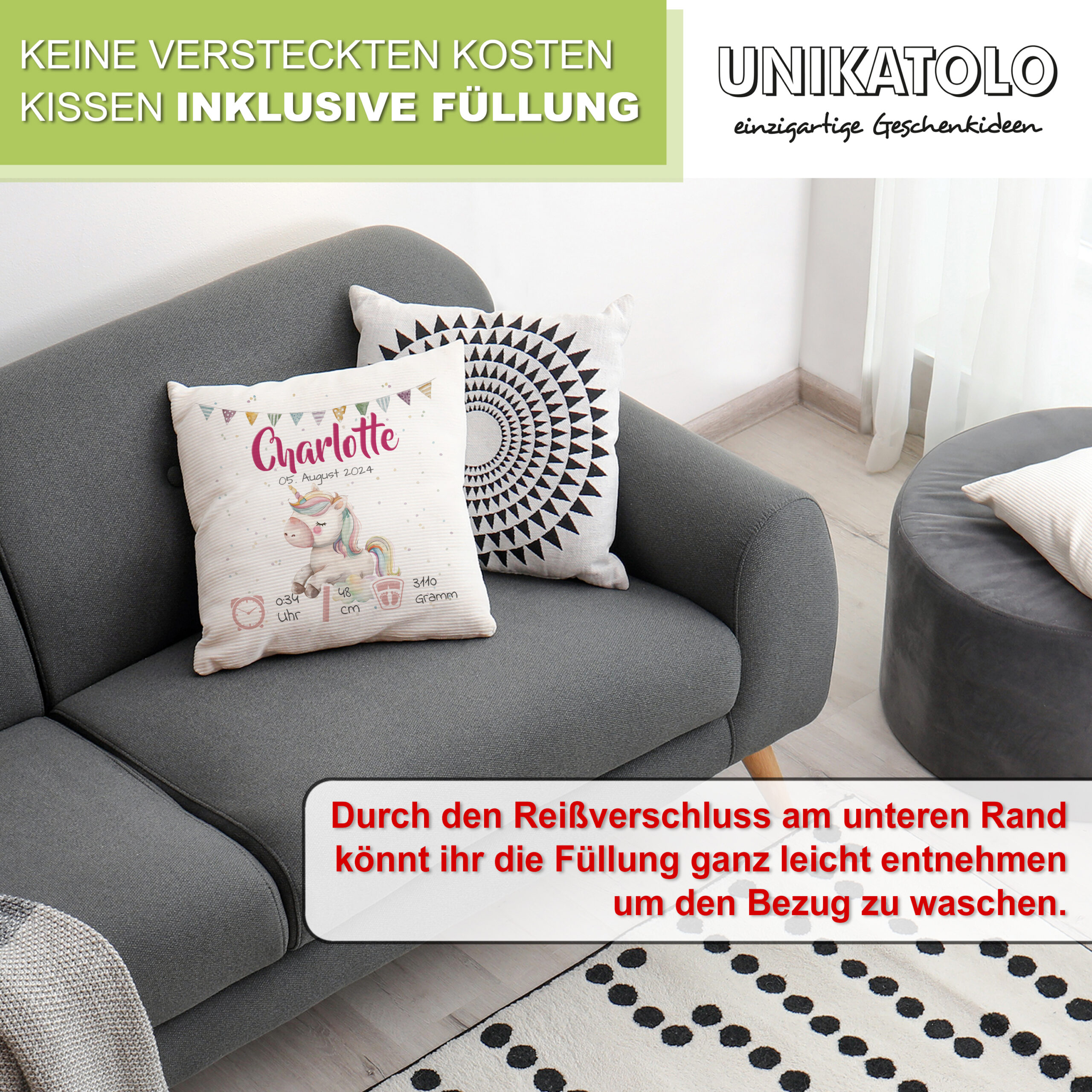 Personalisiertes Kissen mit Einhorn zur Geburt mit Geburtsdaten