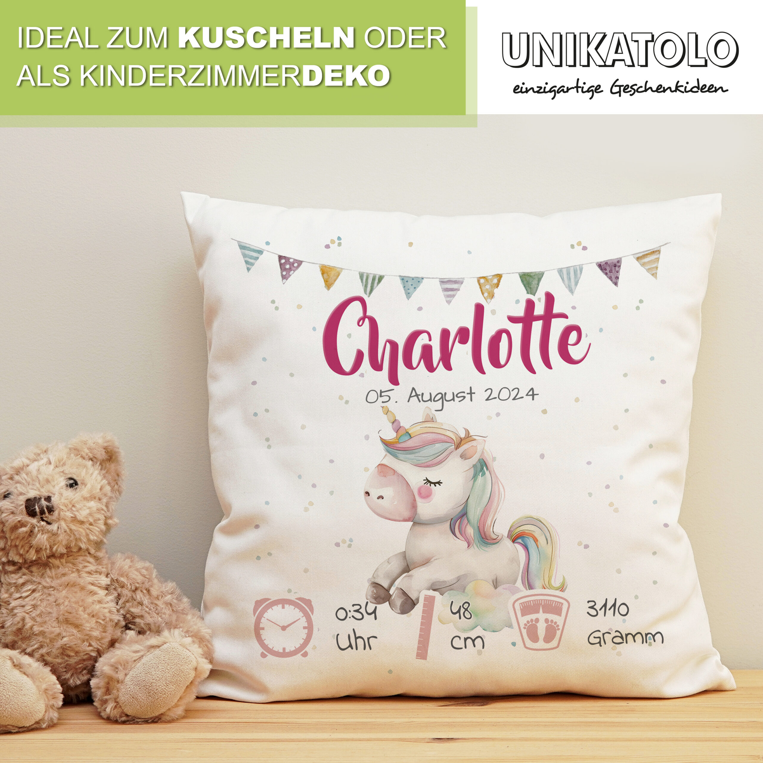 Personalisiertes Kissen mit Einhorn zur Geburt mit Geburtsdaten