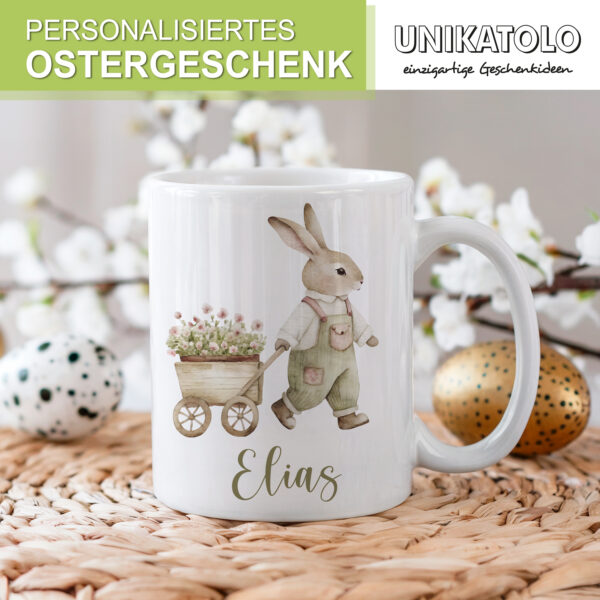 Unikatolo Ostertasse mit Name personalisiert Osterhase weiß (1)