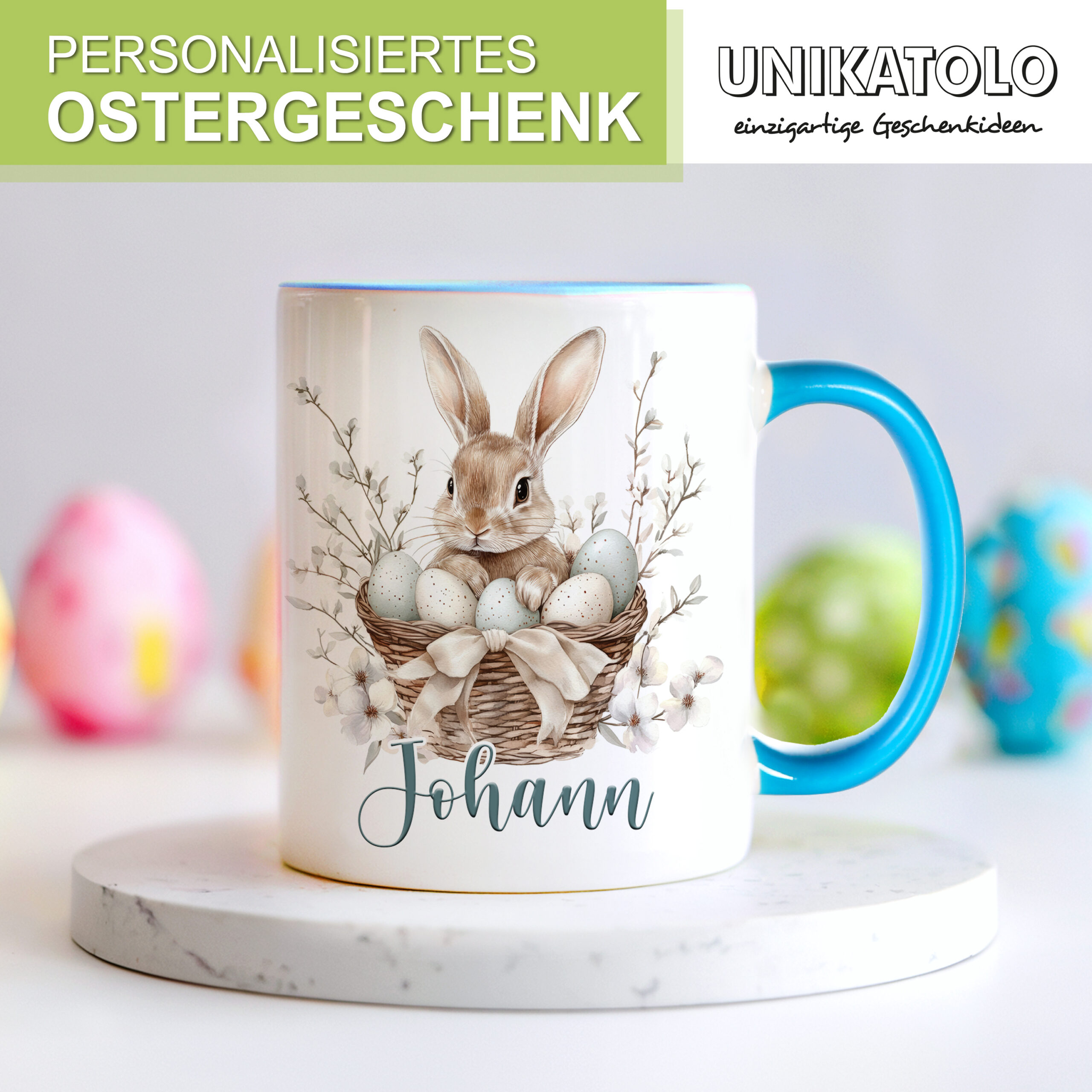 Unikatolo Ostertasse mit Name personalisiert Osterhase blau (4)