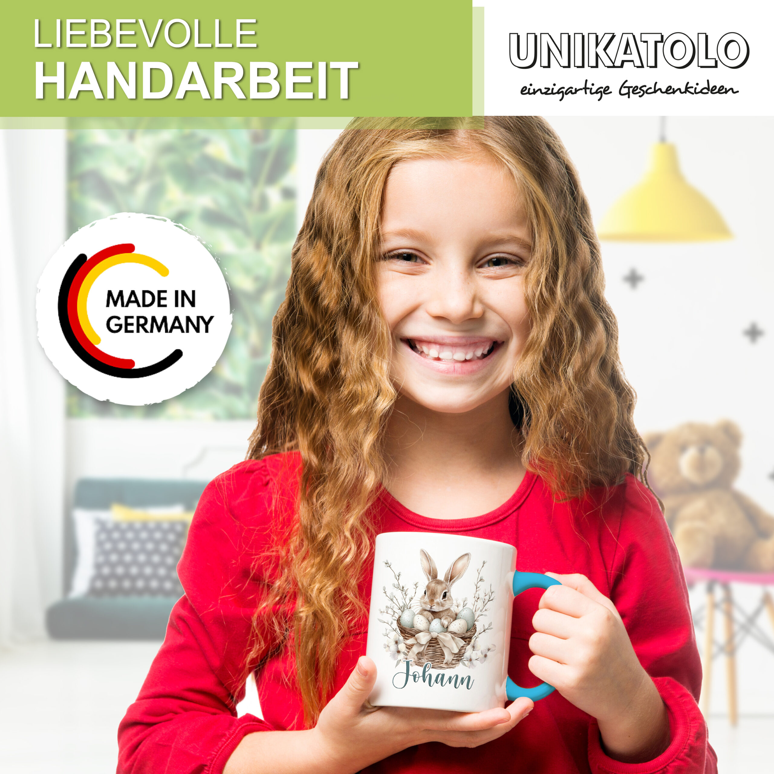 Unikatolo Ostertasse mit Name personalisiert Osterhase blau (4)