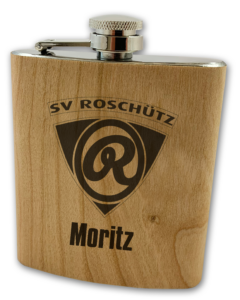 SV Roschütz Holz Flachmann mit Logo und Name