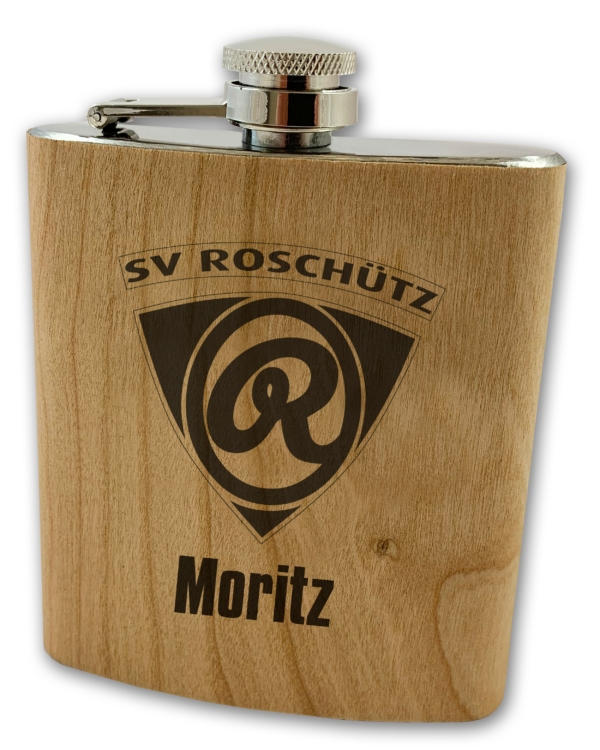 SV Roschütz Holz Flachmann mit Logo und Name