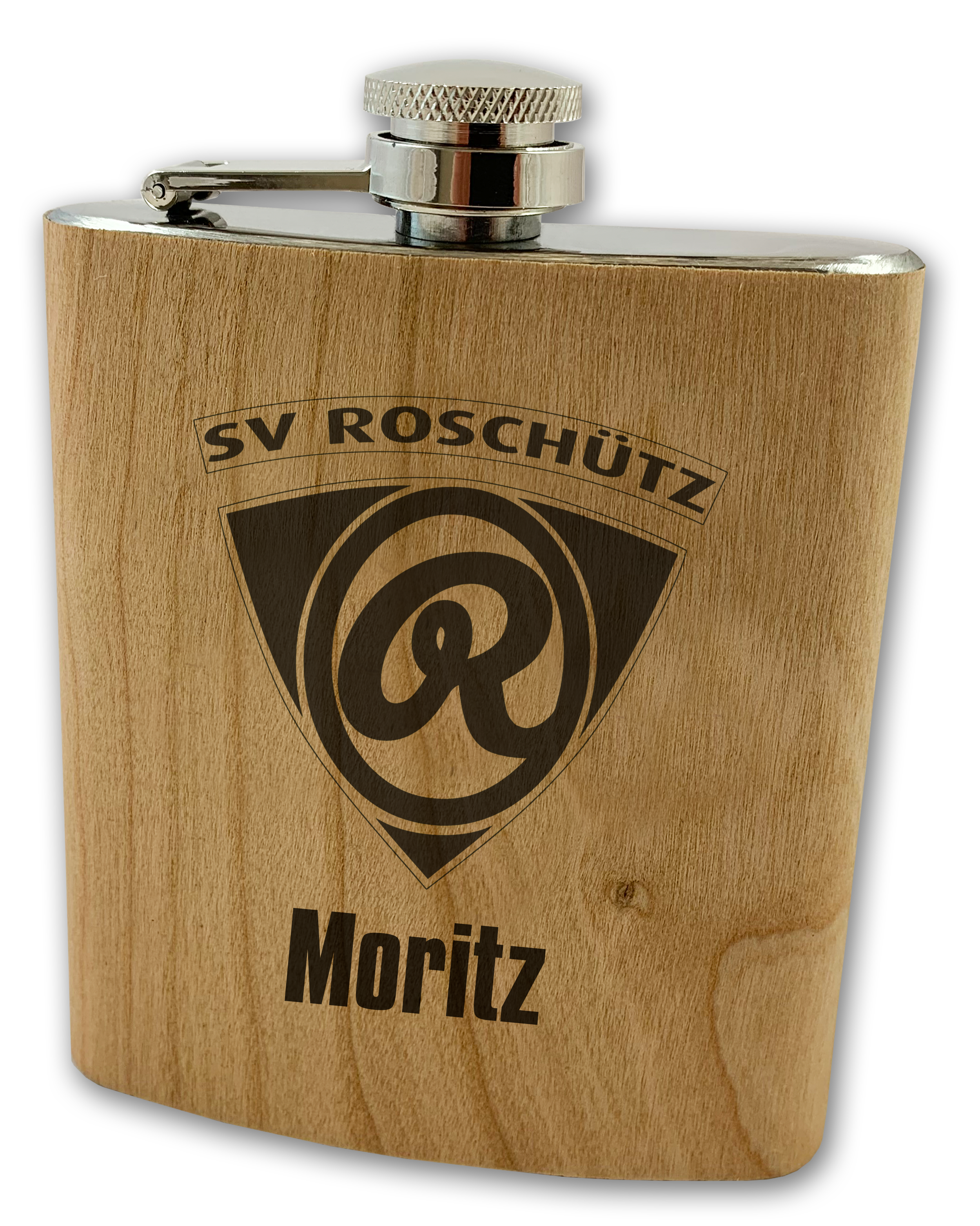 SV Roschütz Holz Flachmann mit Logo und Name