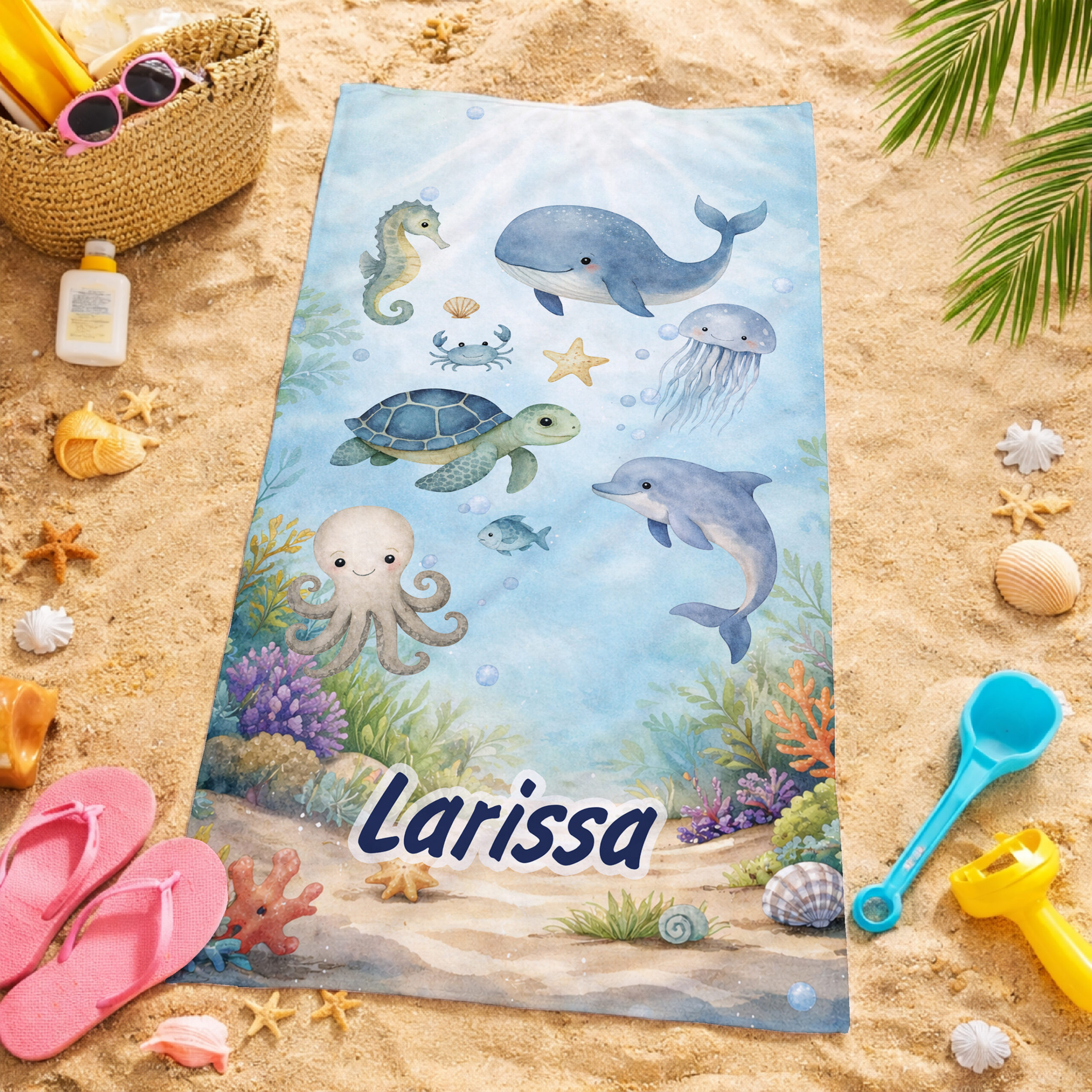 Unikatolo Badetuch Motiv Unterwasserwelt mit Name