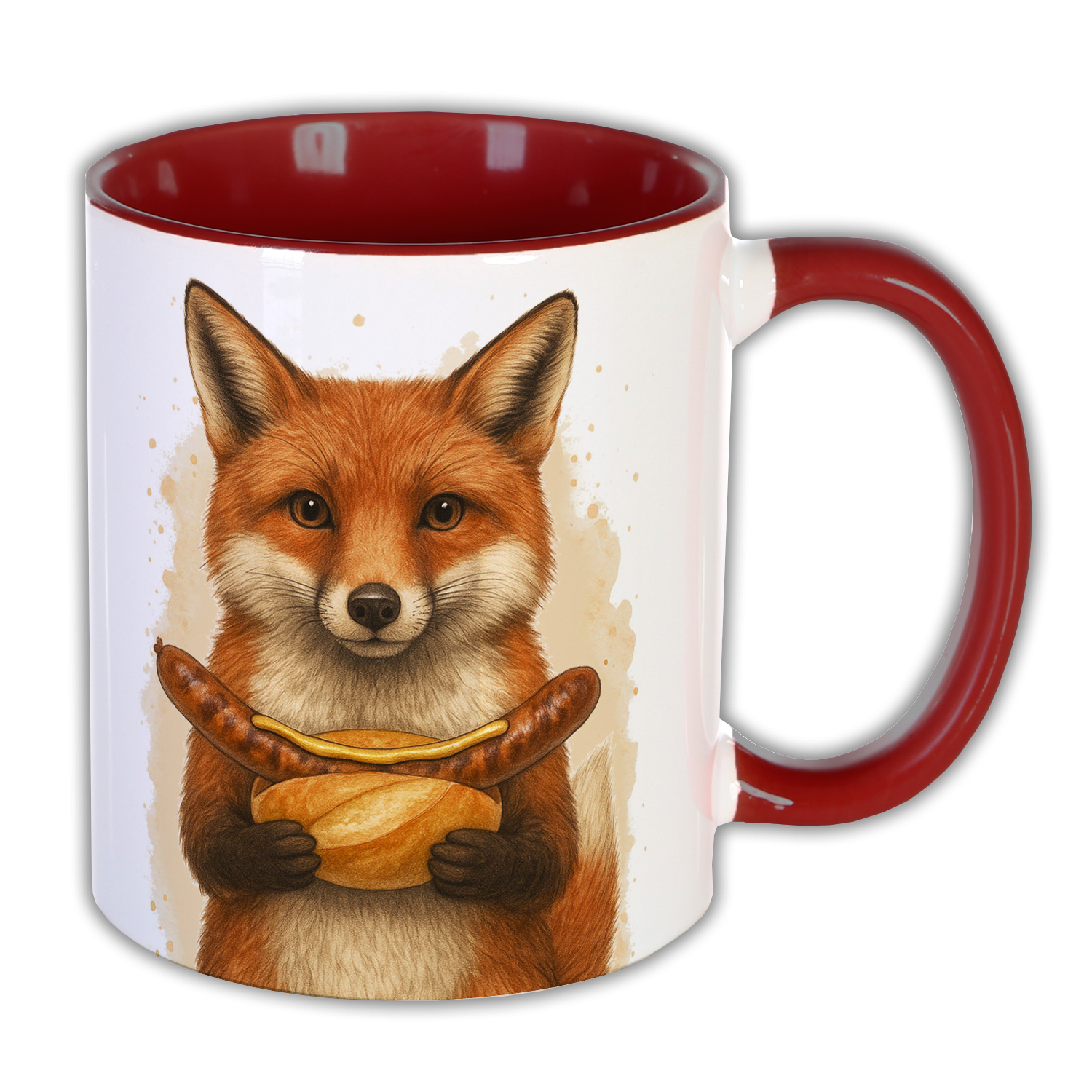 Unikatolo Tasse mit Fuchs und Roster bedruckt | bordeaux