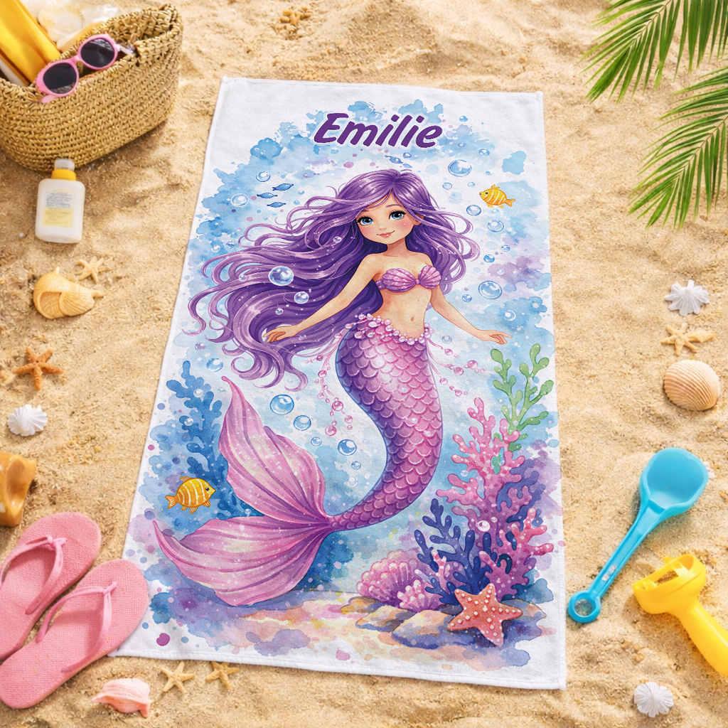 Unikatolo Kinder Handtuch Meerjungfrau lila Name personalisiert