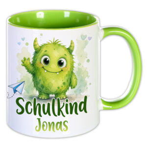 Unikatolo Tasse Schulkind Monster und Name personalisiert grün