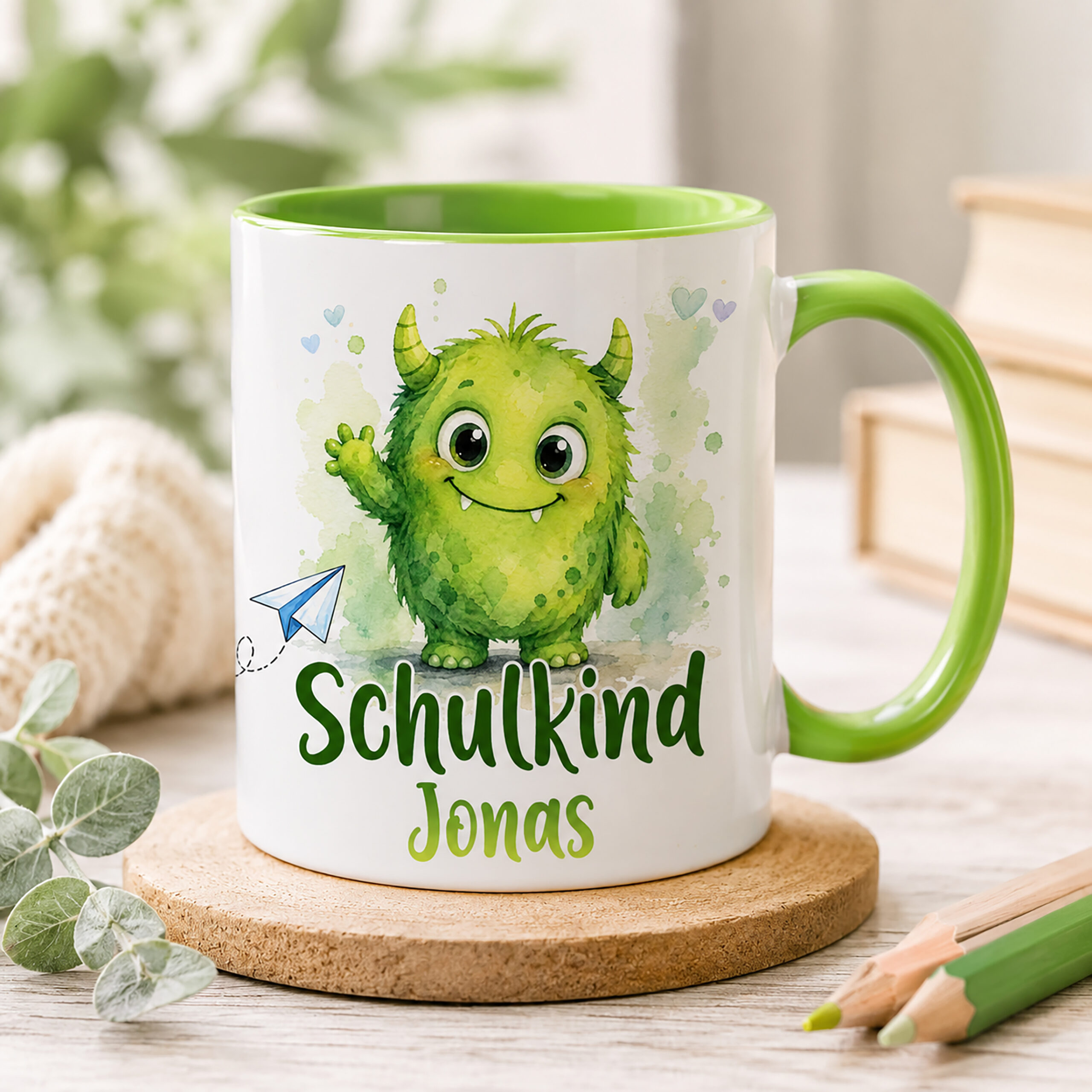 Unikatolo Tasse Schulkind Monster und Name personalisiert grün Unikatolo Tasse Schulkind Monster und Name personalisiert grün