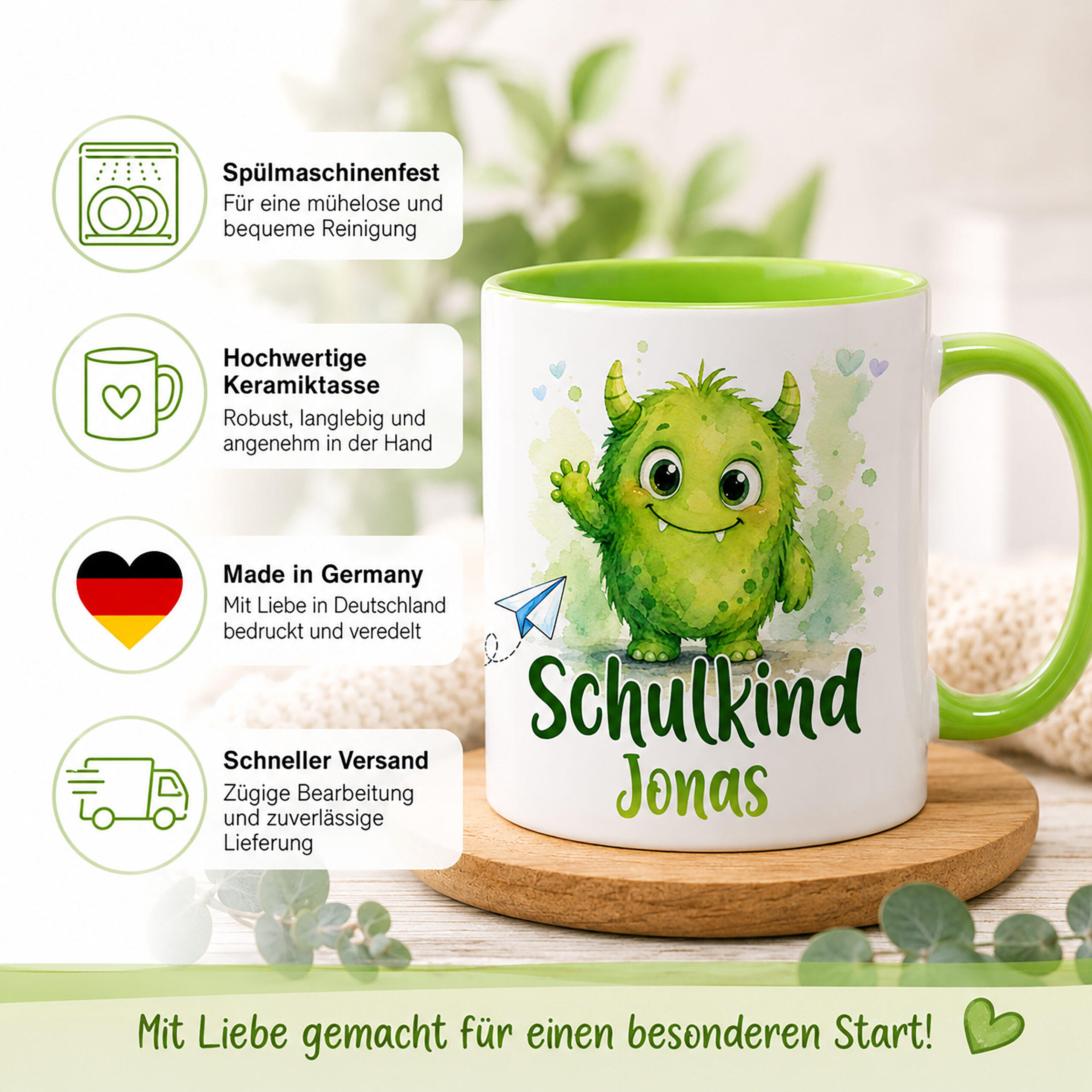 Unikatolo Tasse Schulkind Monster und Name personalisiert grün Unikatolo Tasse Schulkind Monster und Name personalisiert grün