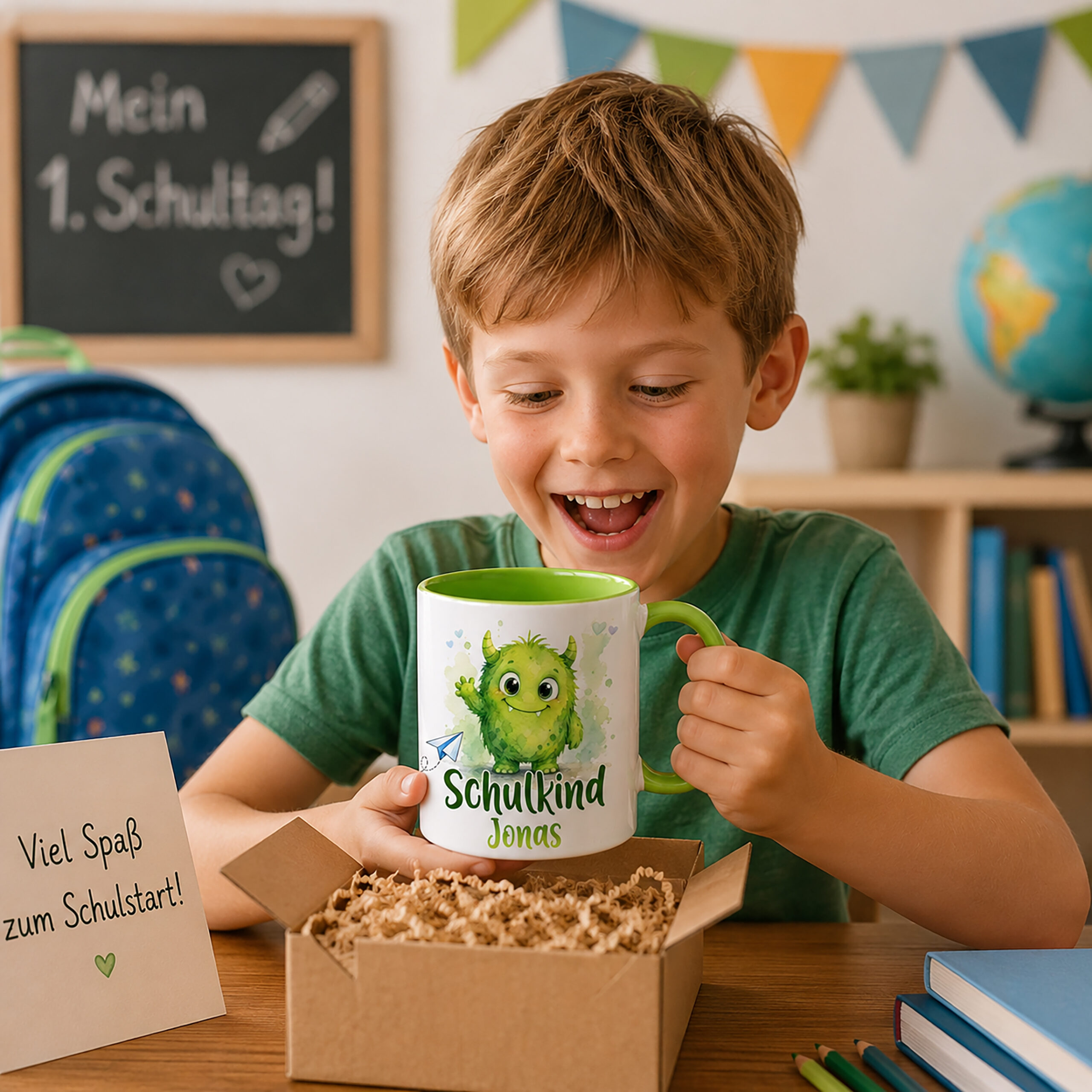 Unikatolo Tasse Schulkind Monster und Name personalisiert grün Unikatolo Tasse Schulkind Monster und Name personalisiert grün