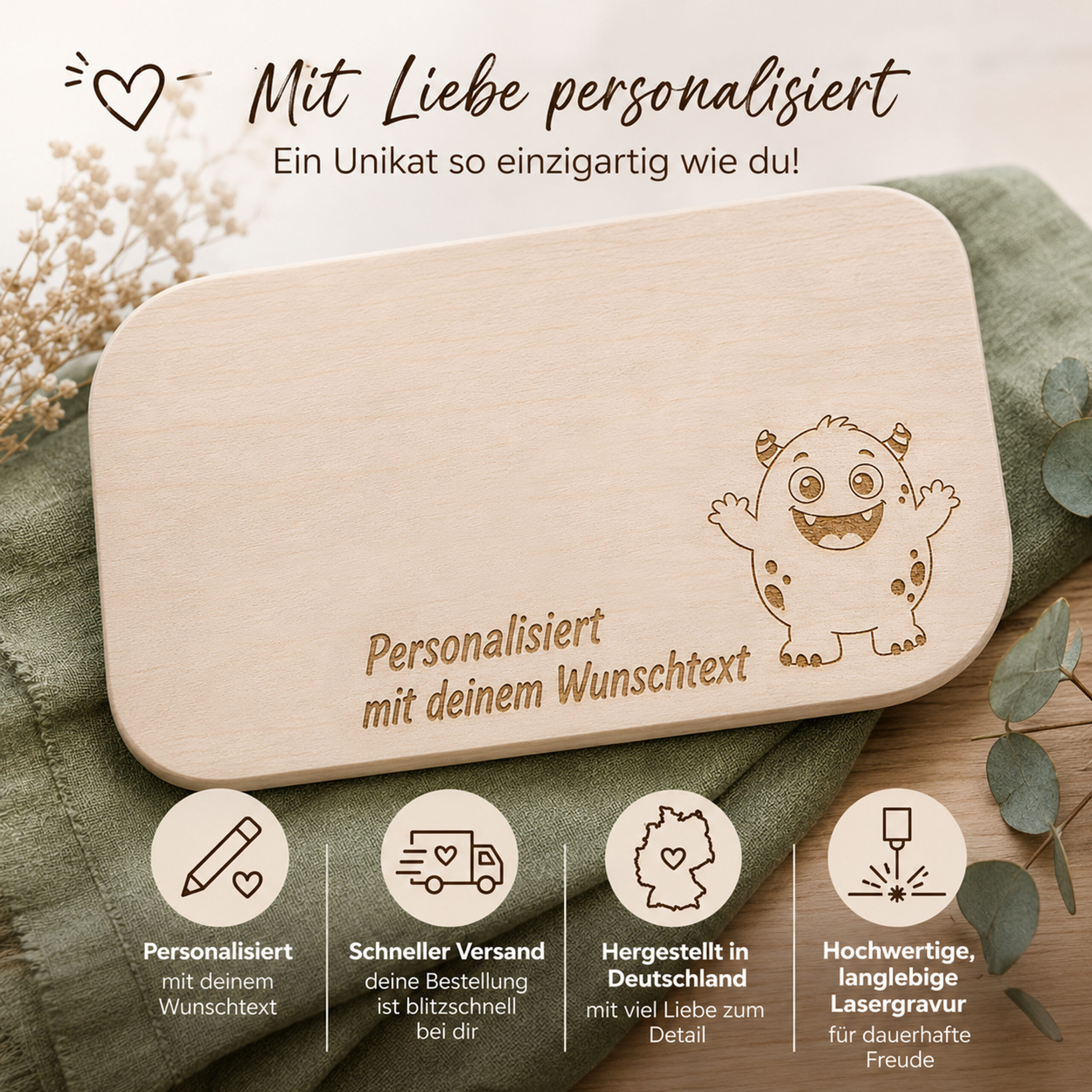 Unikatolo Frühstücksbrett Holzbrett mit Gravur