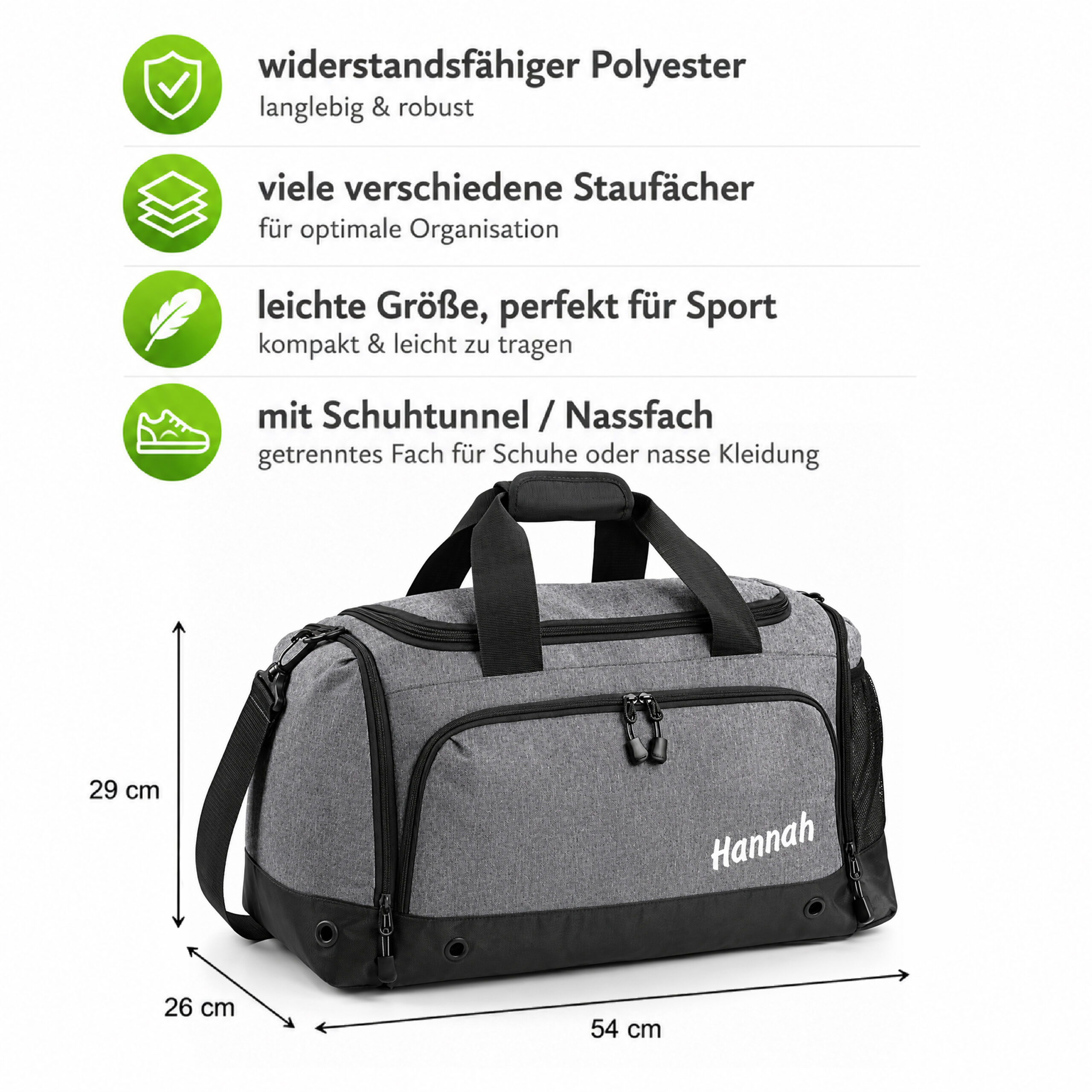 Sporttasche mit Name personalisiert für Kinder & Erwachsene GRAU