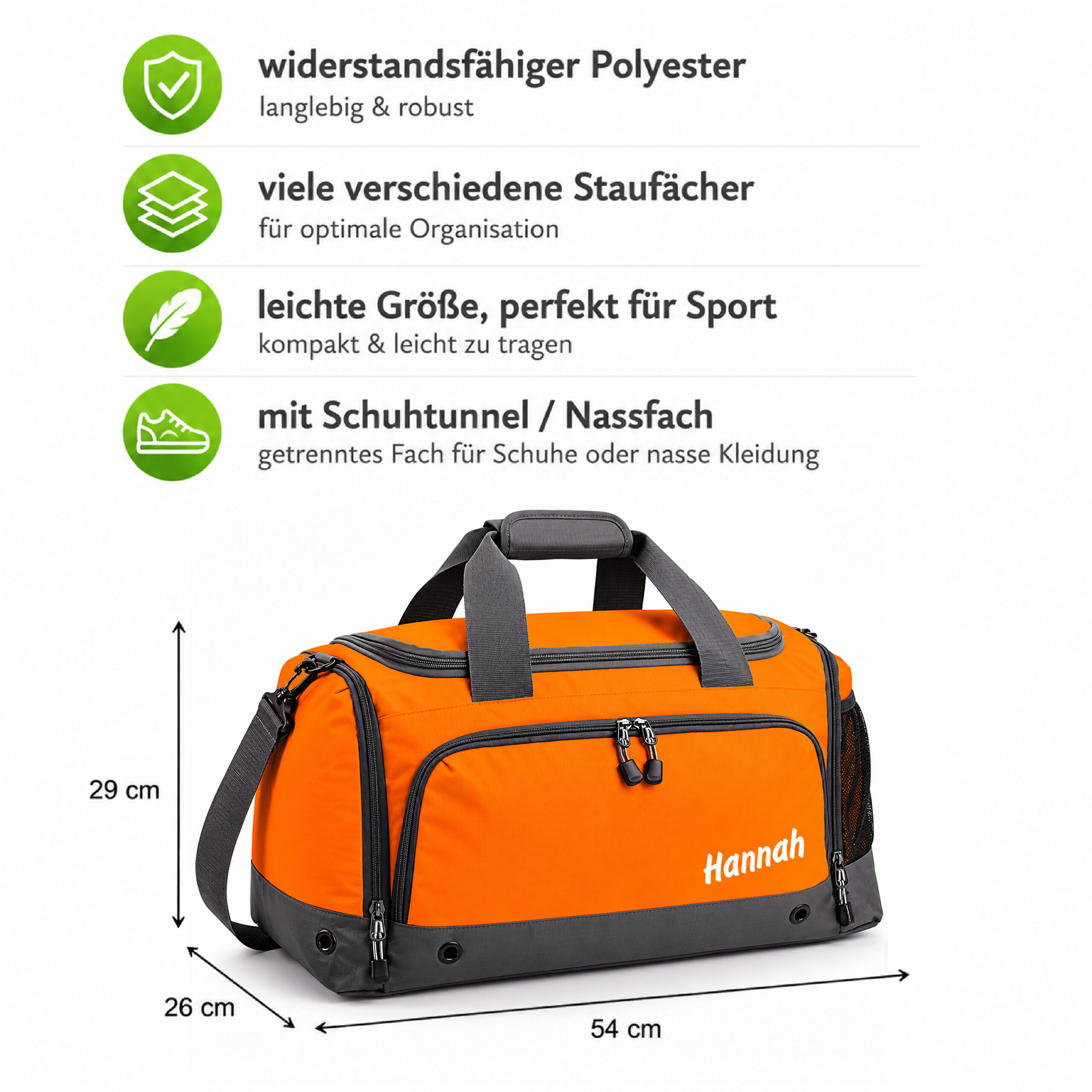 Sporttasche mit Name personalisiert Kinder & Erwachsene ORANGE
