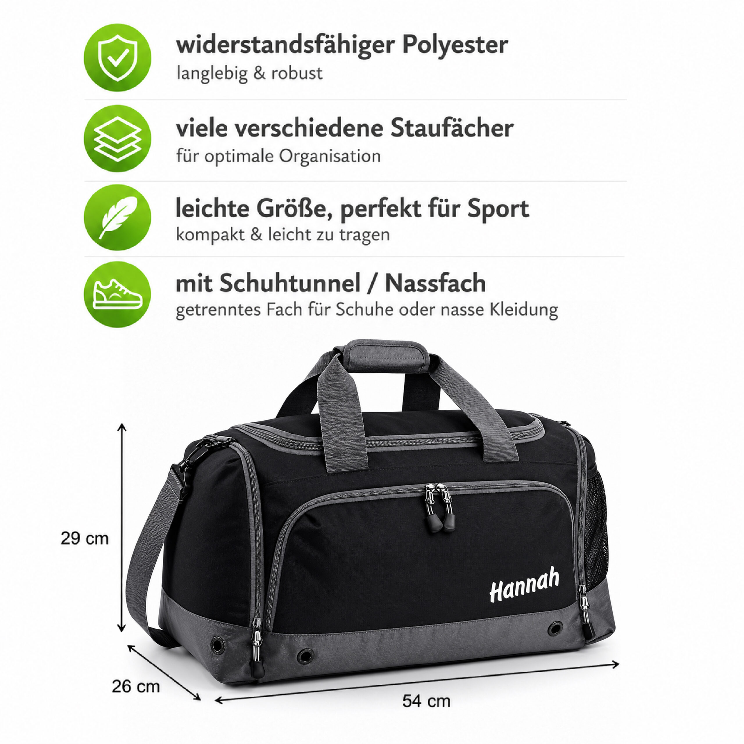 Sporttasche mit Name personalisiert für Kinder & Erwachsene SCHWARZ