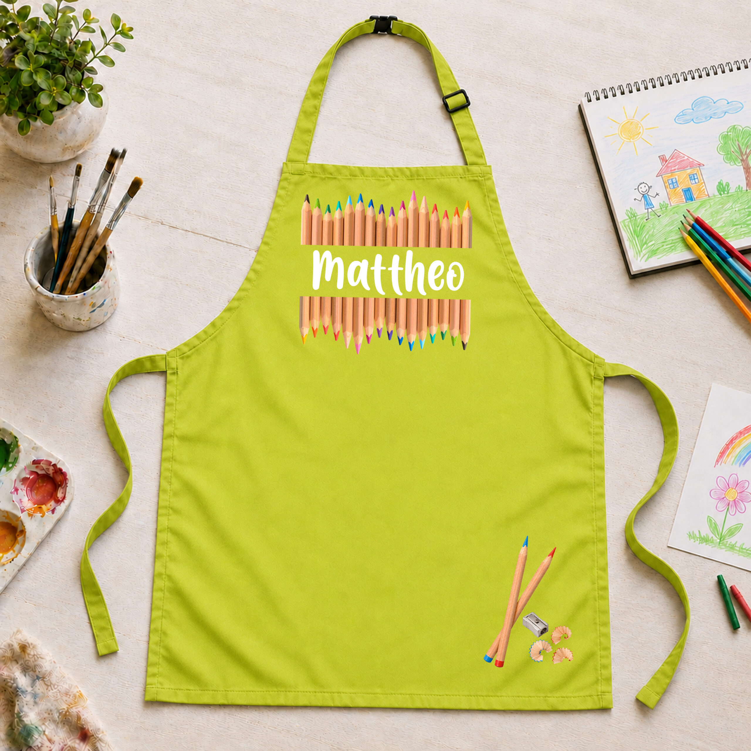 Kinderschürze personalisiert mit Name Buntstifte Grün Kinderschürze personalisiert mit Name Buntstifte Grün