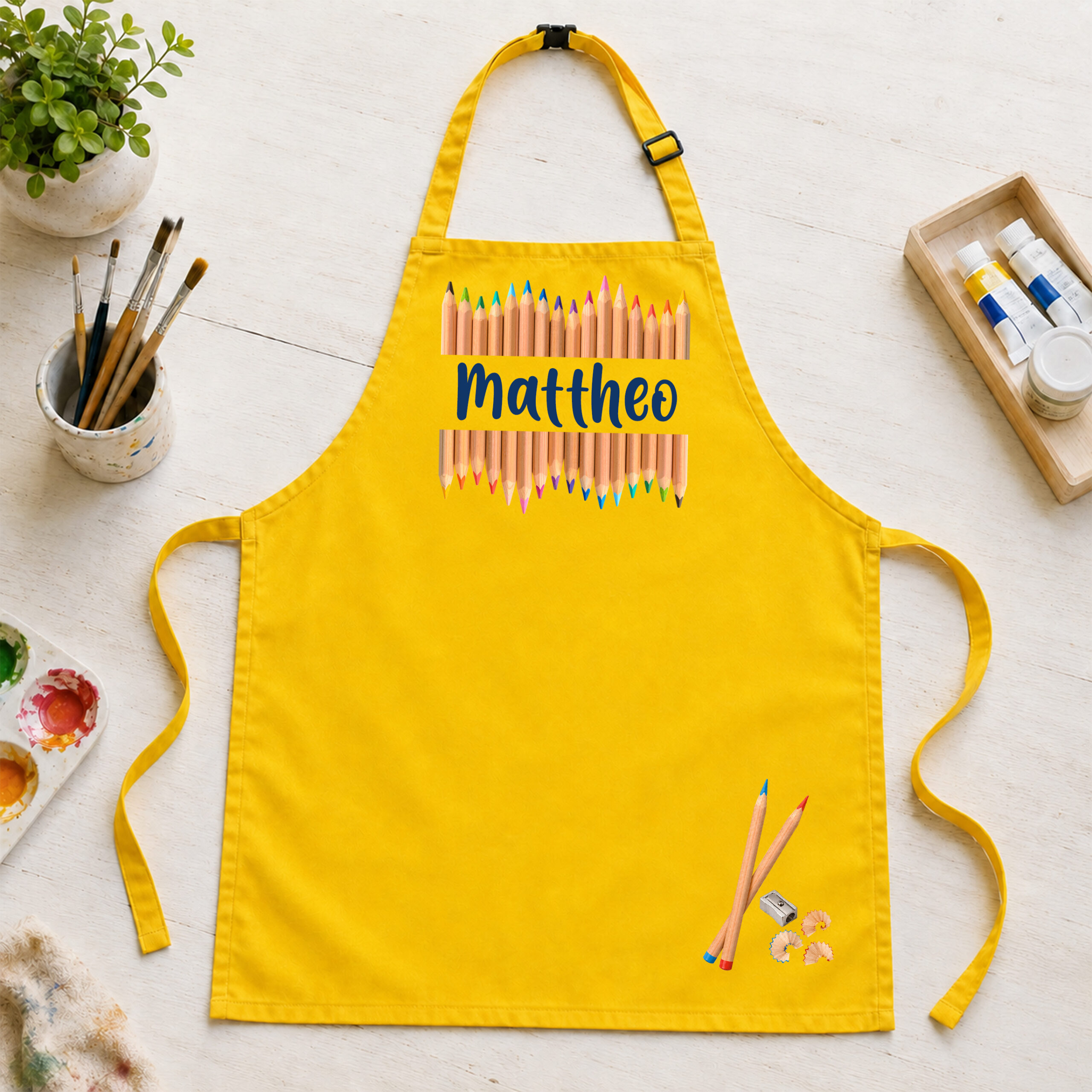 Kinderschürze personalisiert mit Name Buntstifte Gelb Kinderschürze personalisiert mit Name Buntstifte Gelb