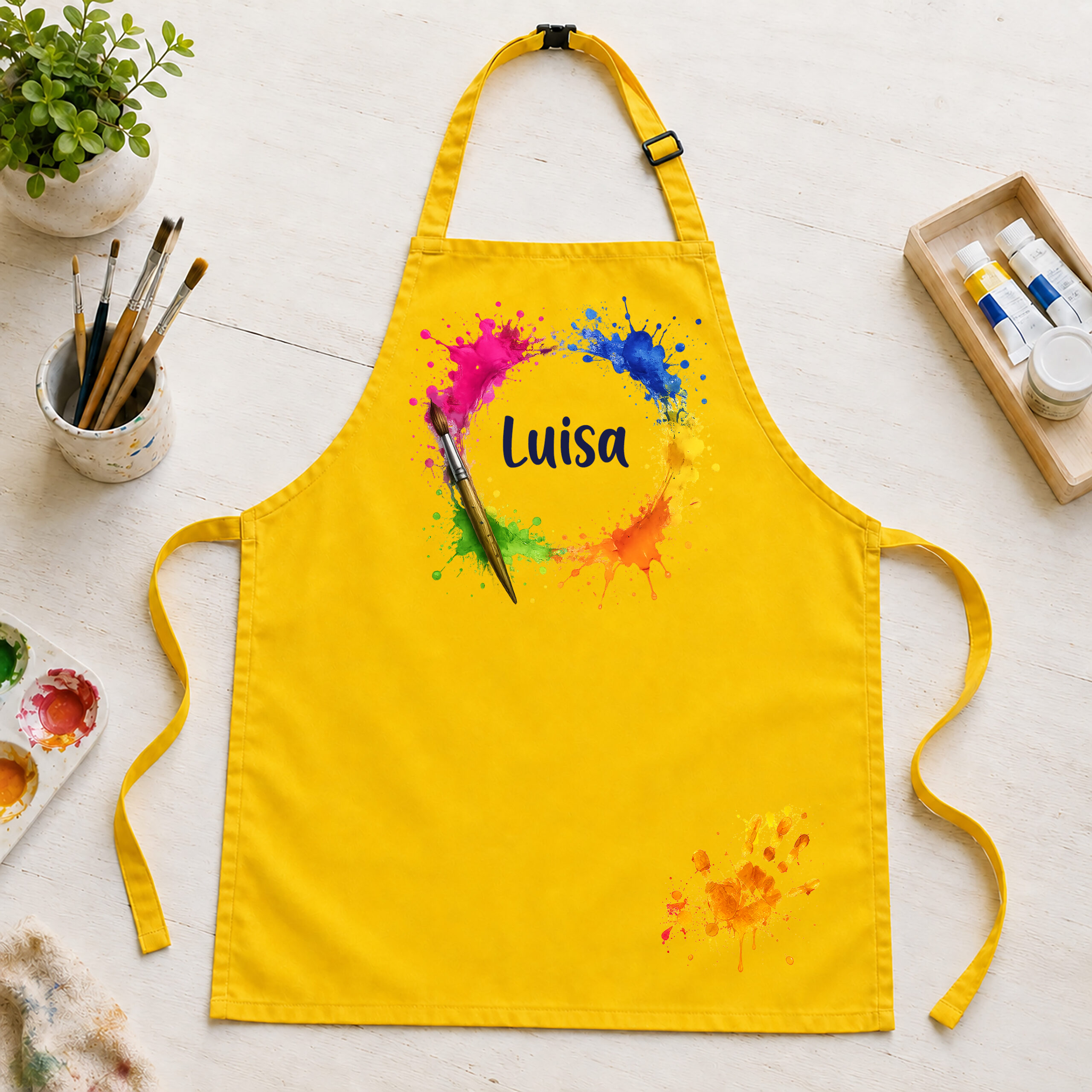 Unikatolo Kinderschürze personalisiert mit Name Farbkleckse GELB Unikatolo Kinderschürze personalisiert mit Name Farbkleckse GELB