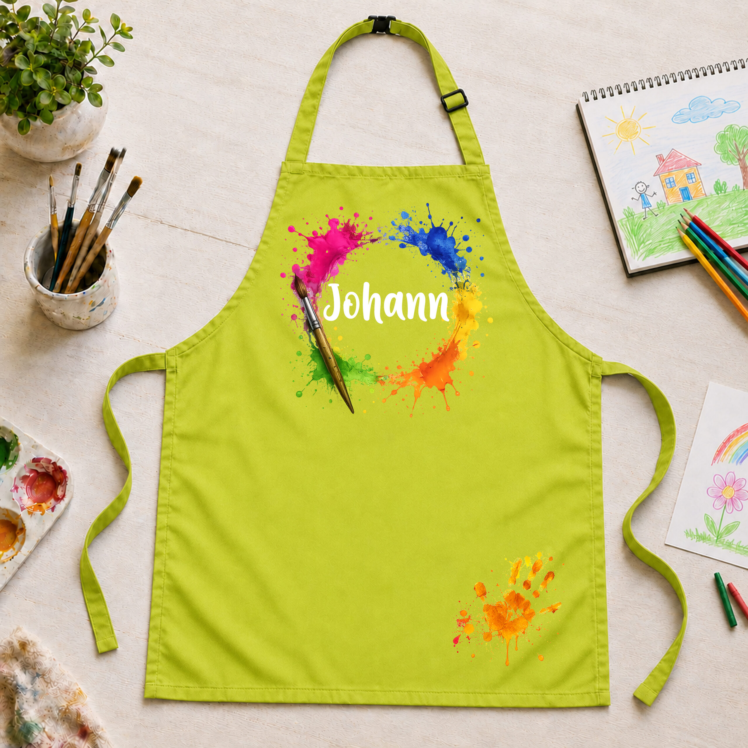 Kinderschürze personalisiert mit Name Farbkleckse Hellgrün
