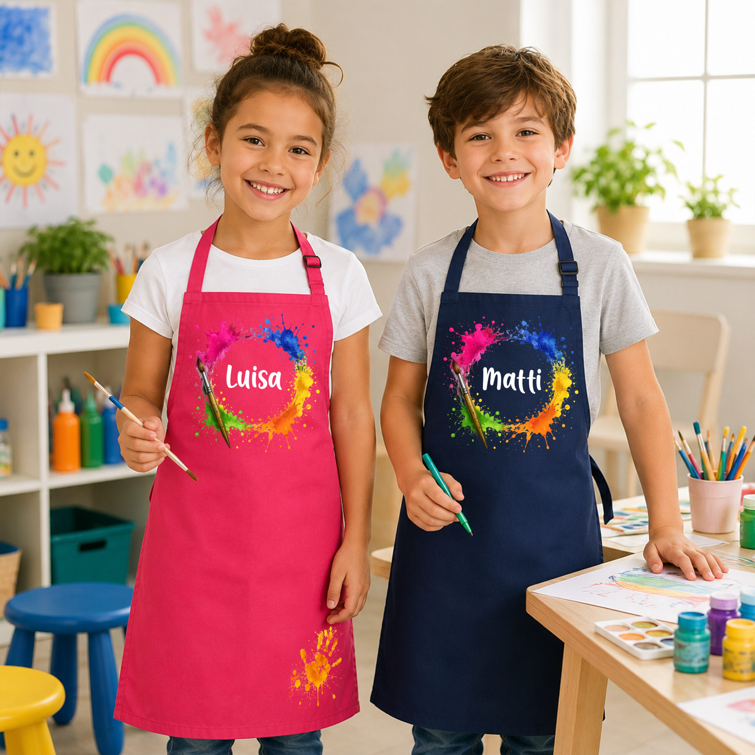 Unikatolo Kinderschürze personalisiert mit Name Farbkleckse GELB Unikatolo Kinderschürze personalisiert mit Name Farbkleckse GELB