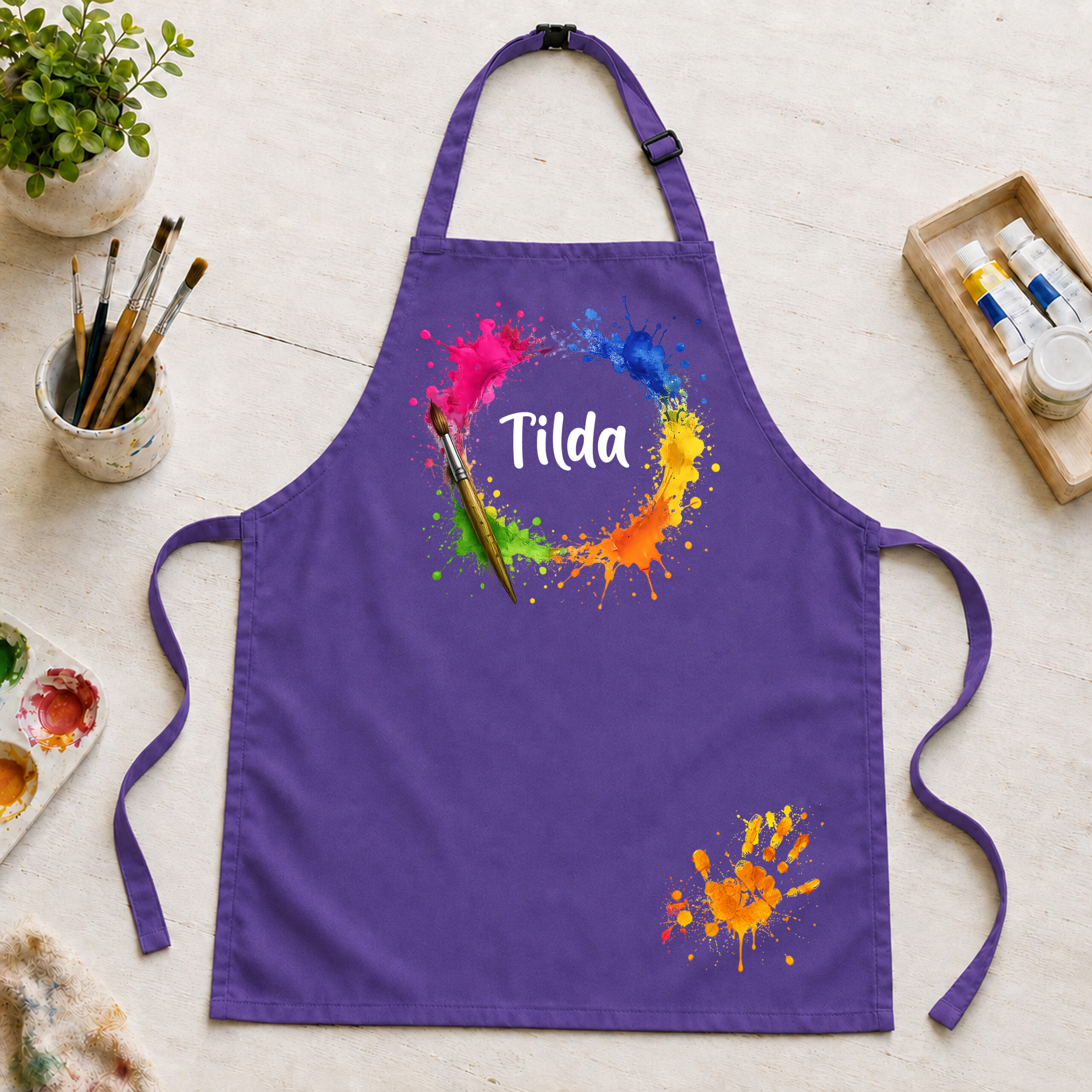 Kinderschürze personalisiert mit Name Farbkleckse VIOLETT Kinderschürze personalisiert mit Name Farbkleckse VIOLETT