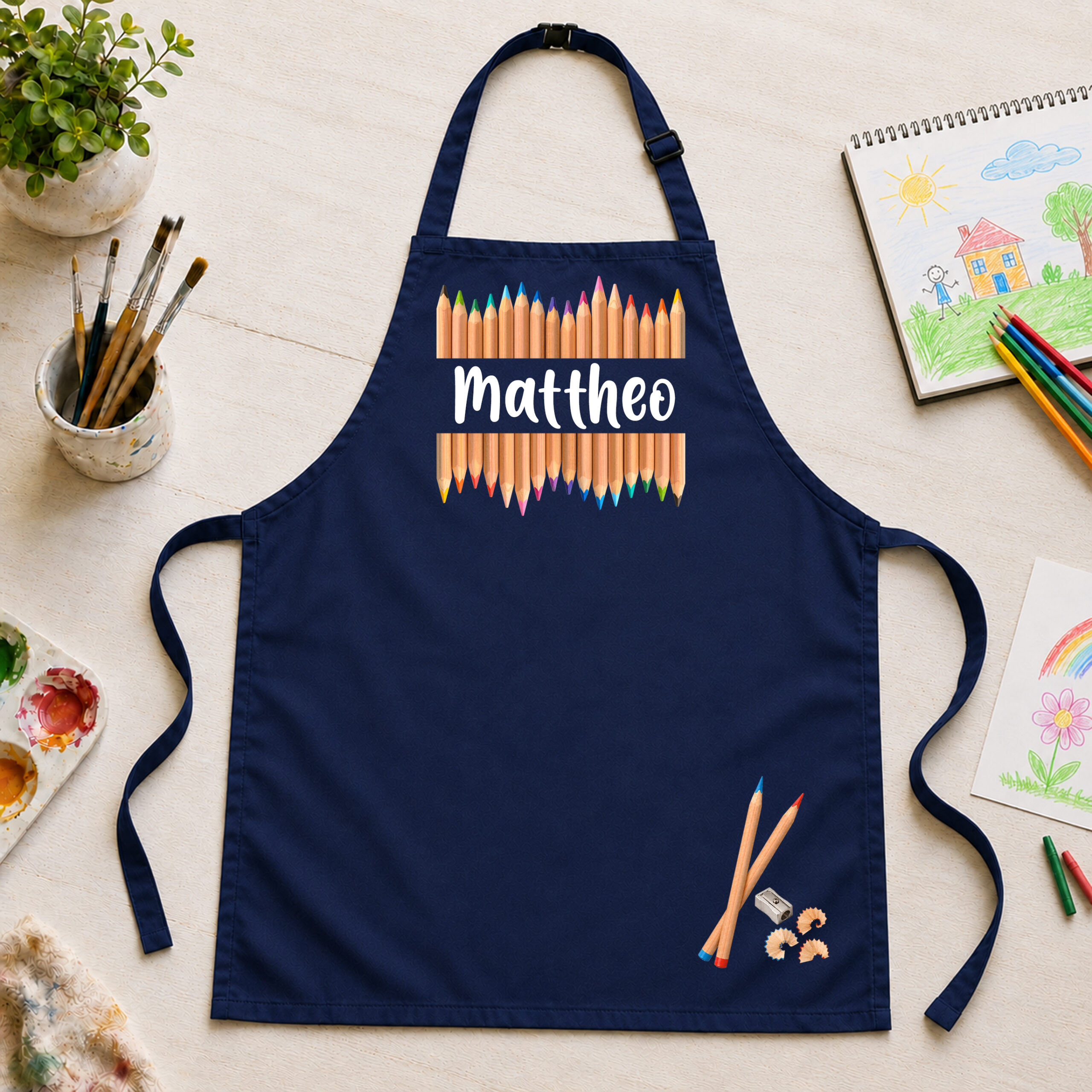Kinderschürze personalisiert mit Name Buntstifte Hellblau