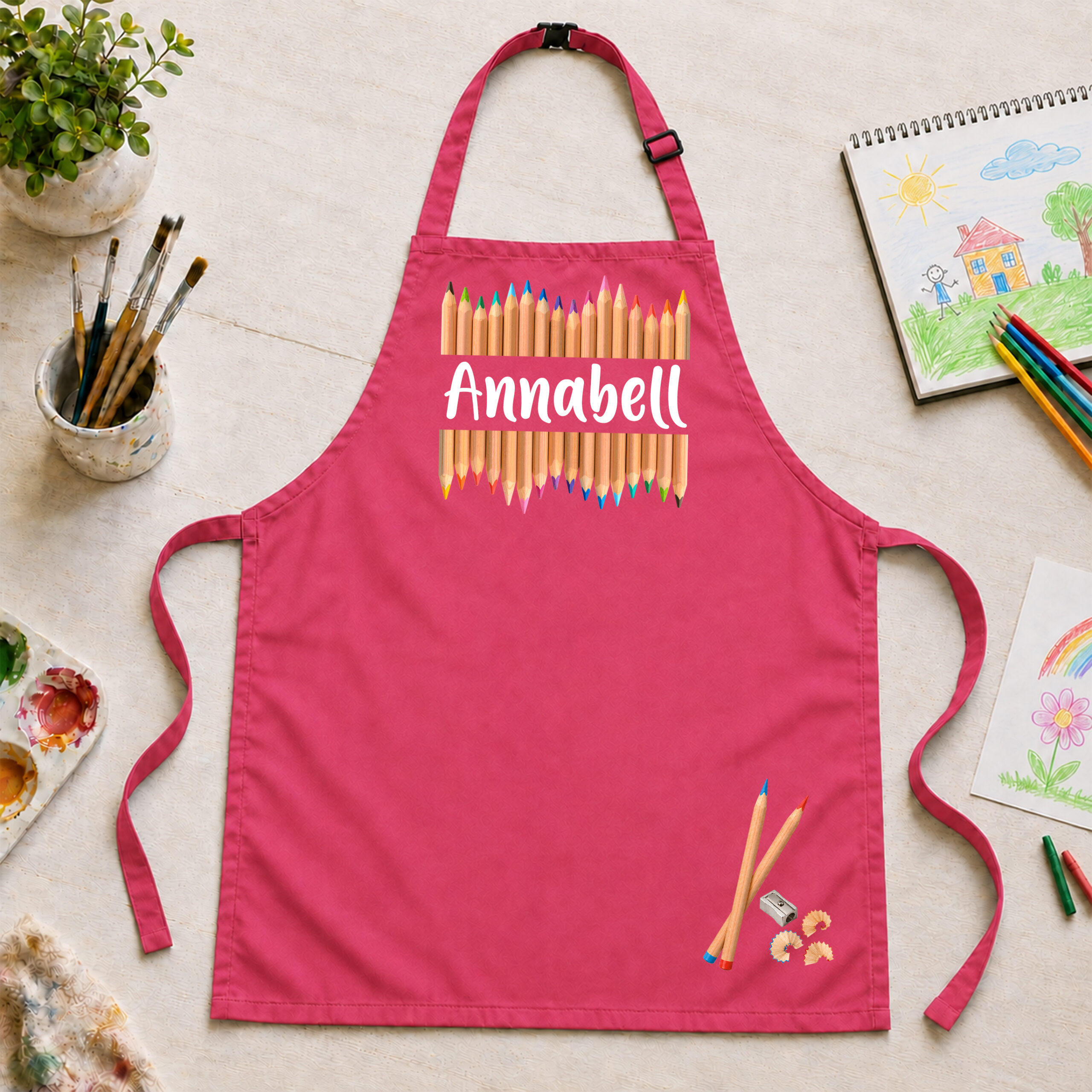 Kinderschürze personalisiert mit Name Buntstifte PINK Kinderschürze personalisiert mit Name Buntstifte PINK