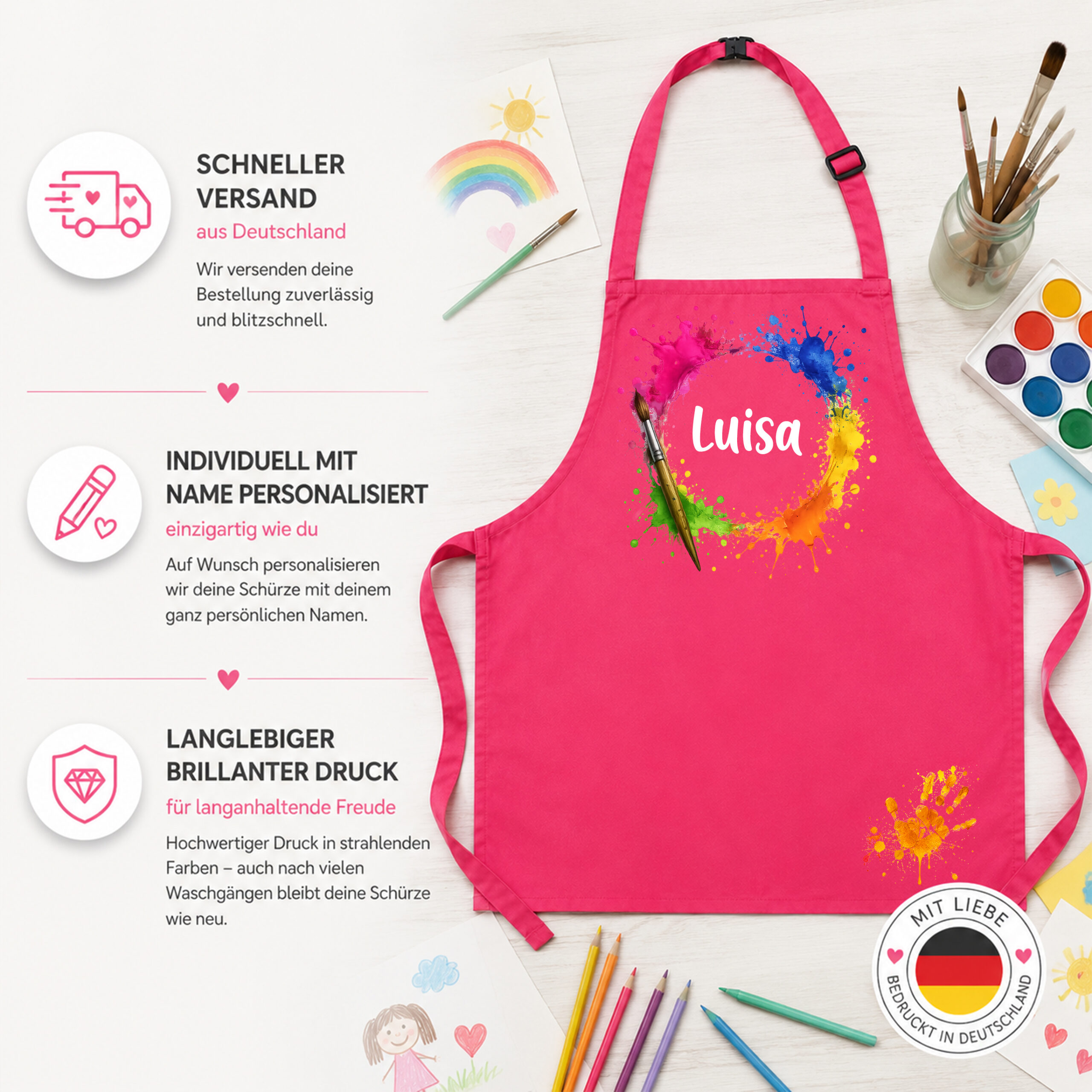 Unikatolo Kinderschürze personalisiert mit Name Farbkleckse GELB Unikatolo Kinderschürze personalisiert mit Name Farbkleckse GELB