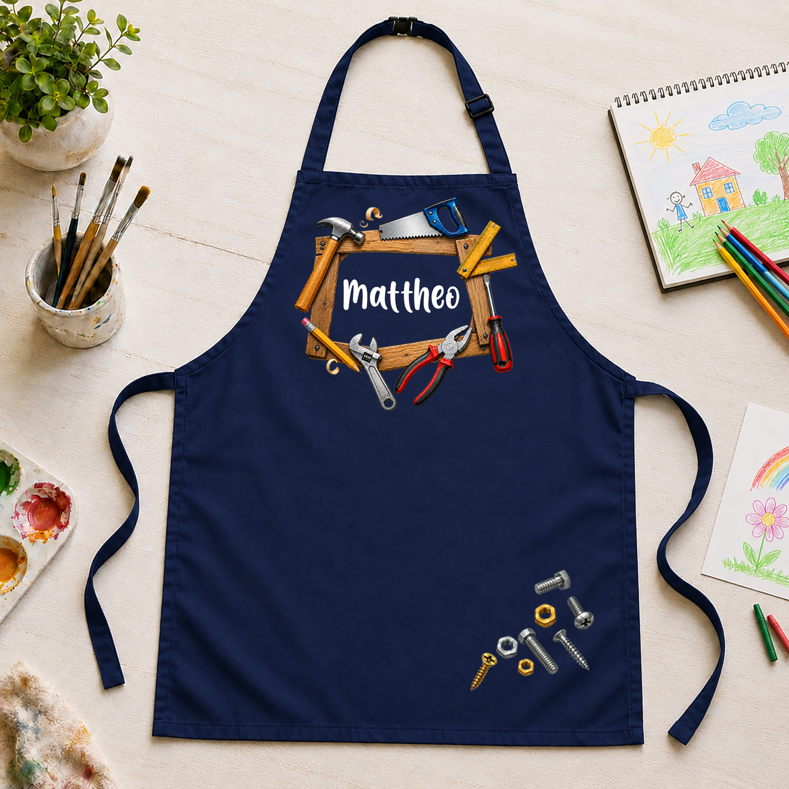 Kinderschürze personalisiert mit Name WERKZEUG NAVY