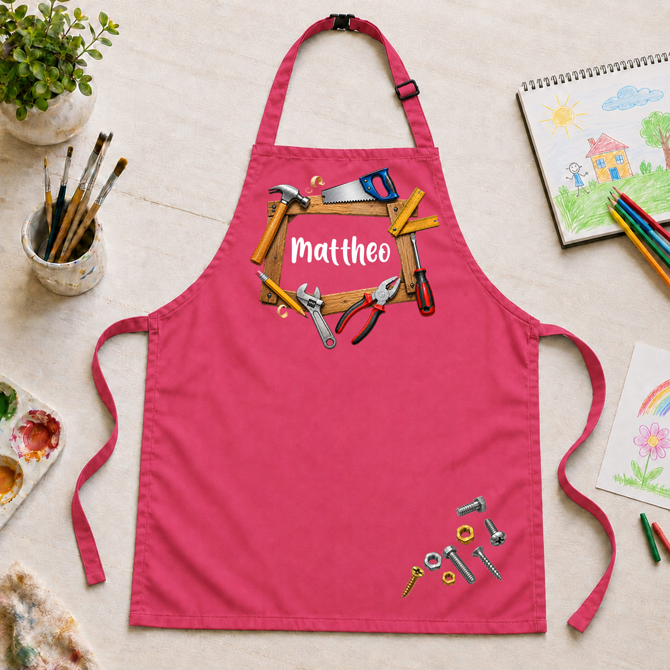 Kinderschürze personalisiert mit Name WERKZEUG PINK