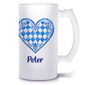 Unikatolo Bierkrug mit Name personalisiert - Herz Bayern blau weiß